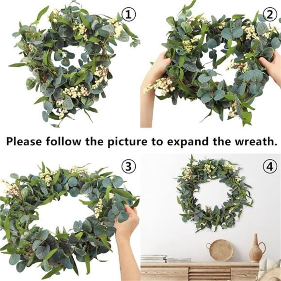 Artificial Eucalyptus Wreath for Front Door 20in,Spring Summer Green Leaf Wreath - Picture 4 of 7